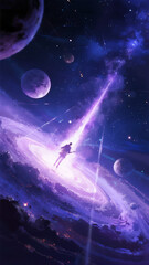Wall Mural - Astronaut exploring a cosmic nebula with vibrant purple hues and surrounding planets