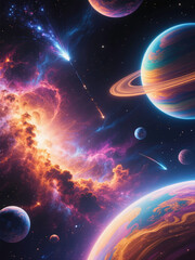 Wall Mural - Vibrant Cosmic Scene with Planets and Nebulae