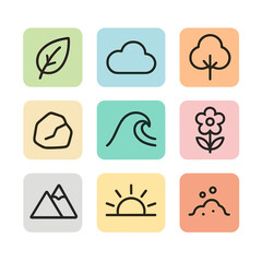 Natural Color Icon Set. Outline icon set of natural colors: leaf green, sky blue, earth brown, sunset orange, ocean teal, flower