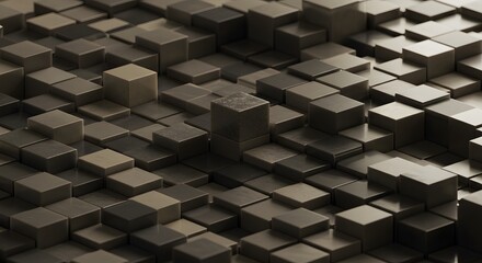 Poster - Abstract view of a textured surface composed of numerous raised and recessed metallic cubes, creating a three-dimensional geometric pattern with varying heights.