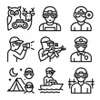 © Coosh448 - Night Vision Icon Set. Outline icon set of night vision applications: wildlife observation, military surveillance, search and
