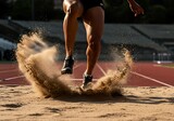 Dynamic athlete leaping in a long jump event, with sand flying in the air, capturing the essence of motion, sport, and determination.