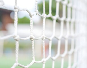 Close-up of a white soccer net with a blurred background, highlighting its texture.