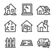 © Coosh448 - Ruined House Icons. Outline icon set of ruined homes and buildings: destroyed house, broken window, collapsed roof, cracked walls,