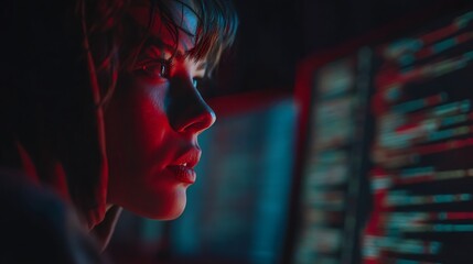 a programmer debugging messy code on a screen full of red errors, face illuminated by the monitor, c