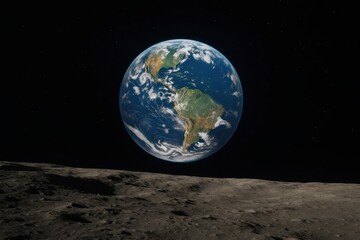 Wall Mural - A solitary celestial body gazes upon a barren landscape beneath it, set against the vast expanse of space