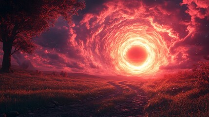 a vivid, surreal landscape with an ominous red portal dominating the sky. a dirt path leads to it, f