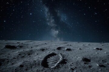 Wall Mural - A Lone Tire Track on the Moon's Silent Surface Under a Starlit Sky