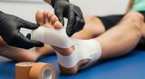 Close-up of professional ankle wrapping for sports injury recovery