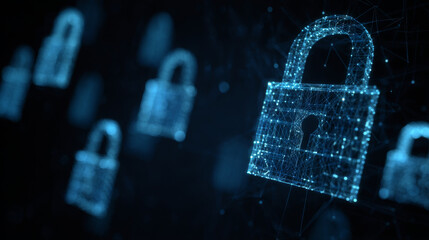 Futuristic cyber security vector illustration. Data security scanning. Wireframe locks on blue background. Padlock technology, cybersecurity, and digital encryption.