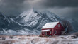 © suldev - Snow Dusted Red Cabin Roof Against Cloudy Sky and Snowy Mountains
