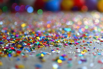 Colorful confetti scattered on a light gray surface, bokeh effect in background