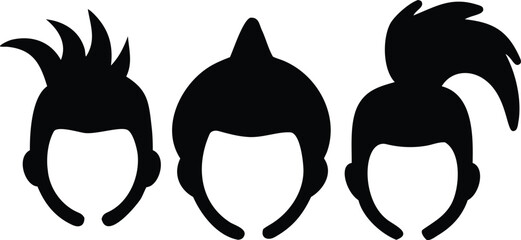 Aufkleber - Three stylized black head silhouettes with diverse hairstyles isolated on a clean white background perfect for icons and design elements