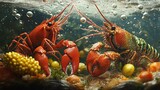 Two vibrant red crustaceans facing each other underwater near food items, bubbles floating, a macro shot in a tank
