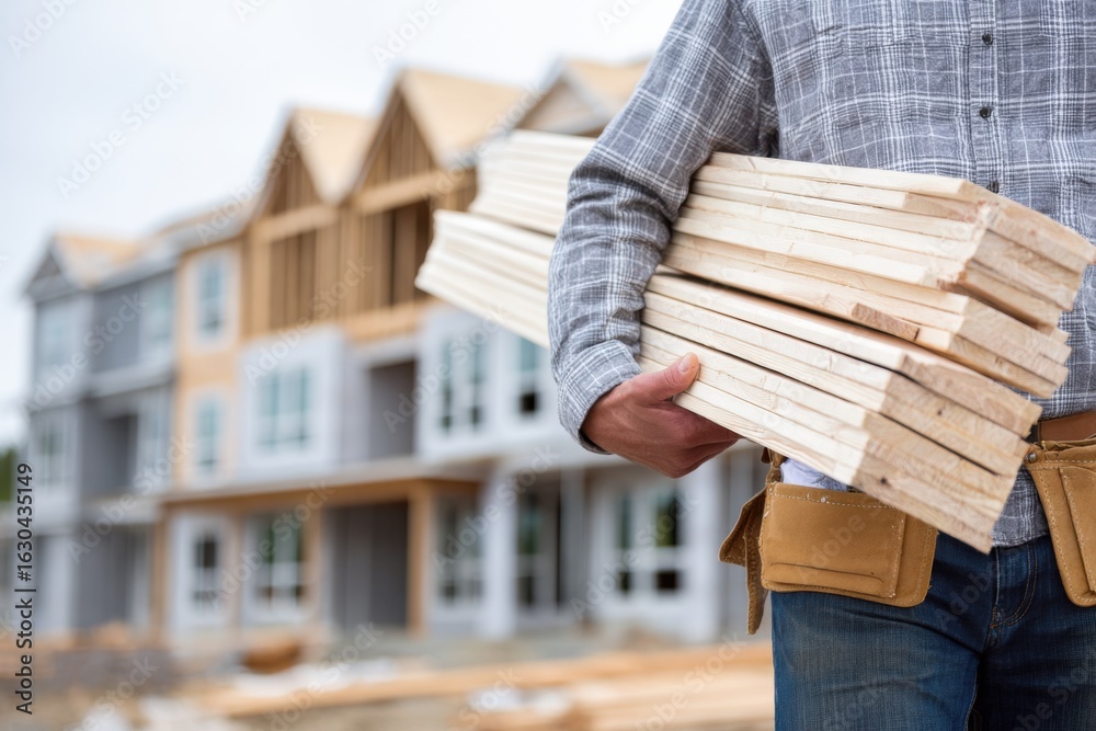 A construction worker carries lumber at a residential building site ...