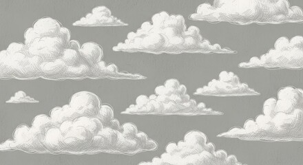 Poster - Drawn Cloudscape on Gray - Serene illustration of hand-drawn clouds against a muted gray background. Evokes feelings of peace, tranquility, dreams, and soft hope. Simple yet elegant design