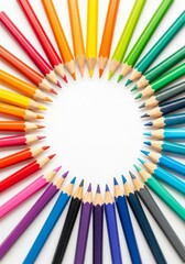 Poster - Colorful Pencils Circle Frame - Vibrant colored pencils arranged in a circle on a white background, creating a colorful frame. Perfect for education, art, and creativity themes