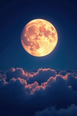 Wall Mural - Radiant full moon dominates clear night sky, clouds below, perspective, sky