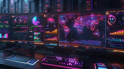 Cyberpunk data analysis workstation with global network data streams