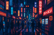 © MaxB - Vibrant city street at night with neon lights and people walking in rainy weather in Tokyo