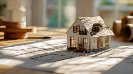 A miniature house model sitting on top of a blueprint with construction materials in the background