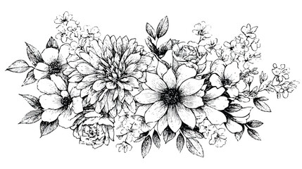  Elegant Floral Arrangement Line Art Black and White Botanical Illustration Delicate Flower Drawing for Invitations and Design Projects Detailed Floral Composition