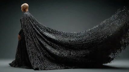 Futuristic digital fashion concept with binary code dress transformation