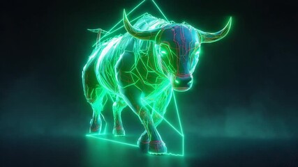 Futuristic Glowing Bull with Geometric Lines on Dark Background Design