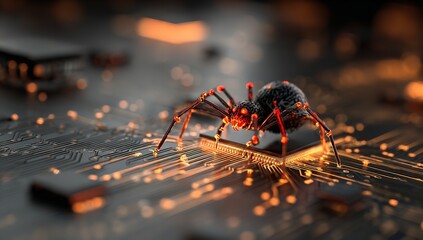 Glowing Red Digital Spider Crawling Over Circuit Board — Symbol of Cyber Threats and Data Infiltration