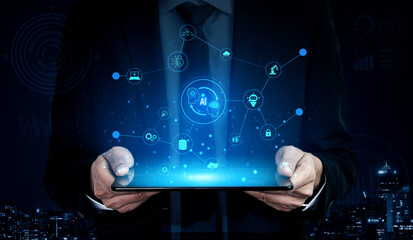 Poster - AI collaboration enhances connected intelligence through robotics, data, and cloud. AI collaboration enables learning, AI collaboration powers systems, and AI collaboration drives automation. Vouch