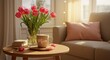 © AI Photo Stock - Mothers Day Flowers and Coffee - Pink tulips in a vase, a coffee mug that says Mom, and a cozy living room setting. Perfect for Mothers Day
