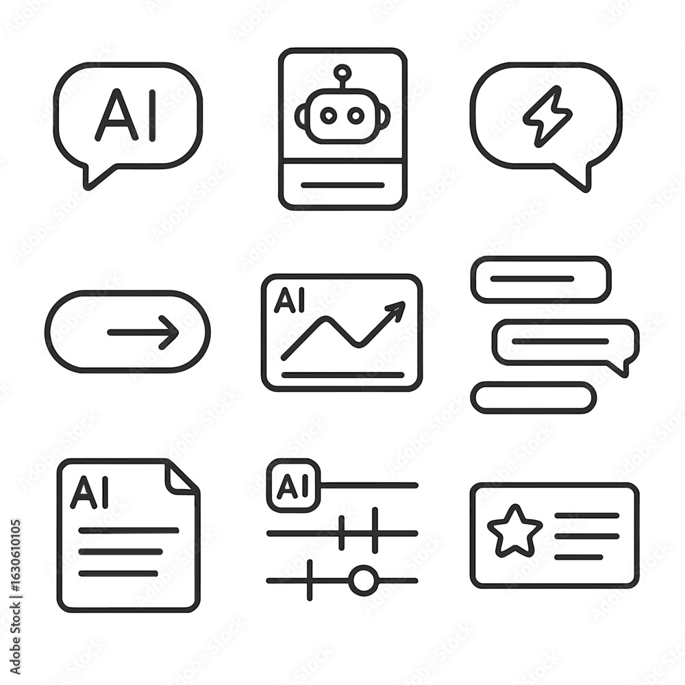 AI UI Icons Collection. Line style icons of AI-assisted UI: chat AI ...