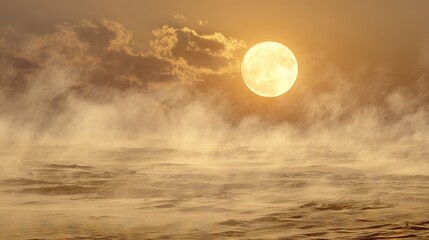 Wall Mural - the sun is setting over the ocean on a foggy day a boat is visible in the foreground while clouds ar