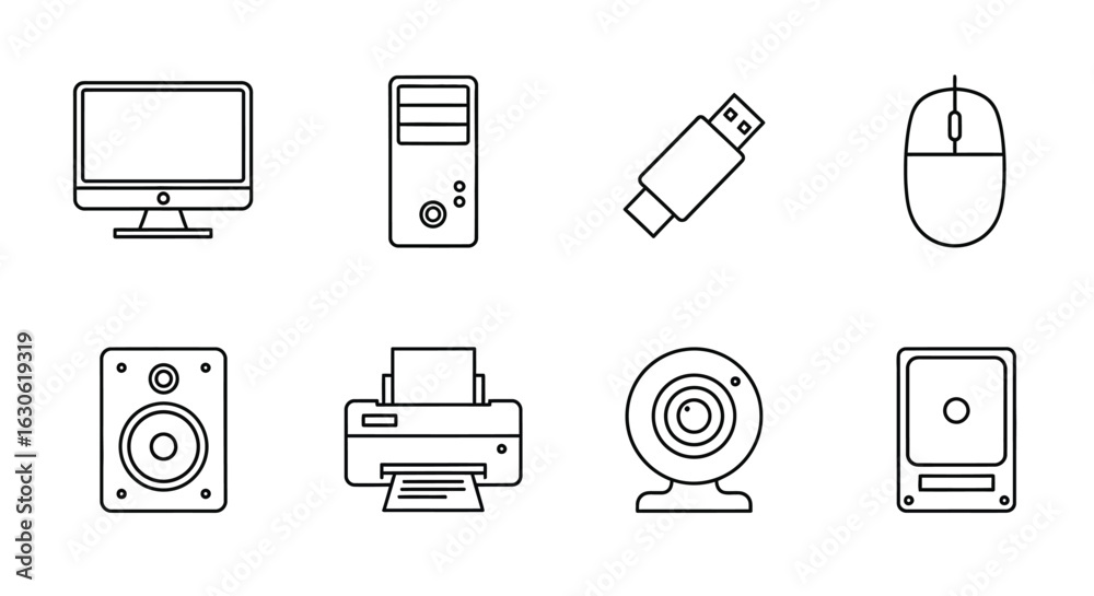 Minimalist outline icons depicting common computer peripherals and ...