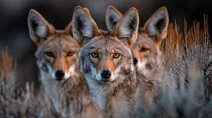 Wall Mural -   Three foxes stand together on a green field beside tall, dried grass