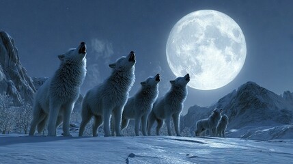 Canvas Print -   A pack of wolves perched atop a snow-capped meadow beneath a glowing lunar orb, surrounded by towering peaks
