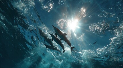 Wall Mural - a group of dolphins swim in a shimmering water body under the bright sun