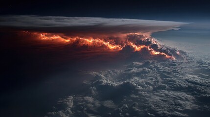 Wall Mural - an aerial view of a cloud formation with bright orange light coming from both the top and bottom of 