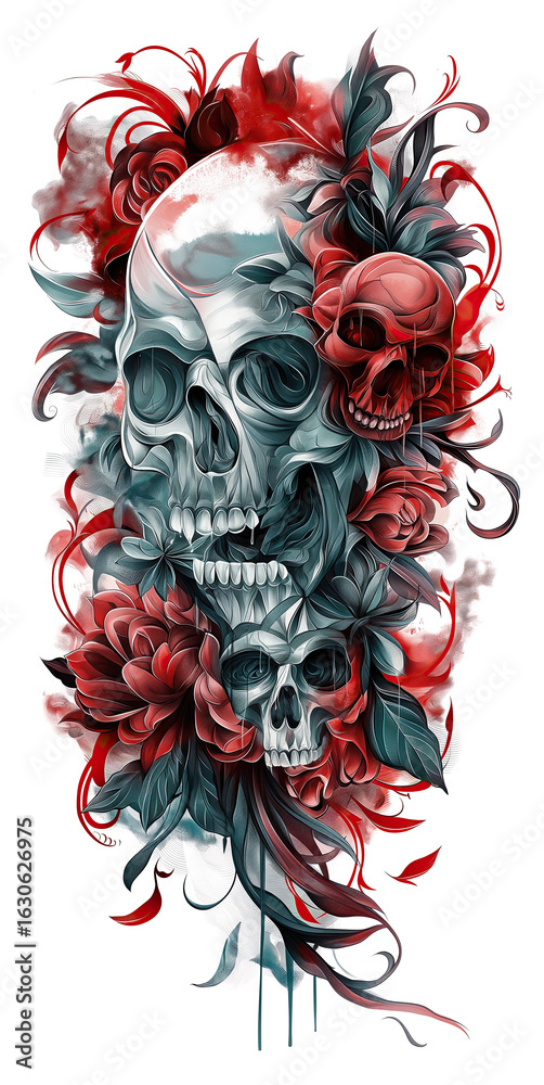Skull and Roses Tattoo Design with Smoke Effect, Transparent Background ...