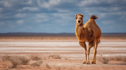 Canvas Print -   Camel in desert, blue sky background, clouds