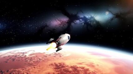 Wall Mural - Rocket flies fast past red planet toward distant stars and nebula