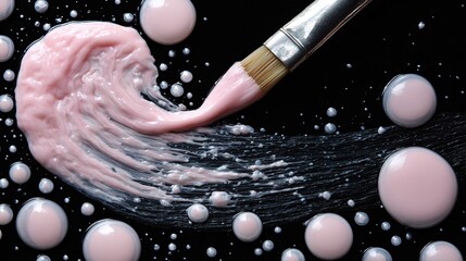 Wall Mural - a close-up of a paintbrush with balls of paint on a black surface against a monochromatic backdrop