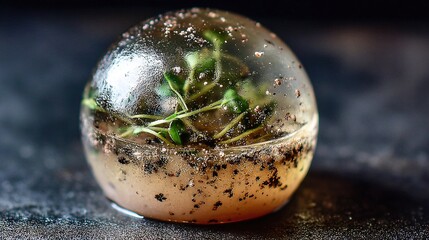 Wall Mural - close-up glass ball with plant inside on blue surface with black dots