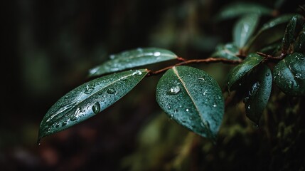 Wall Mural -   A green leaf, drenched in water drops, set against a black backdrop