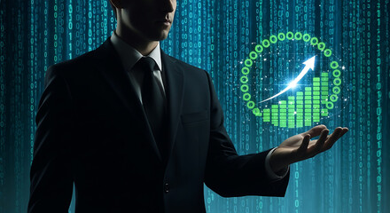 Man with green growth chart against binary code business