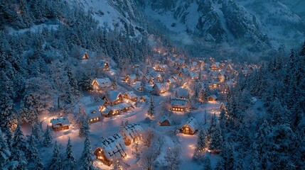 Wall Mural - an aerial view of a village nestled amidst towering snow-capped mountains under a starry night sky, 