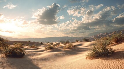 Wall Mural - sunlight filters through cloudy skies onto a barren terrain featuring scattered brush in the foregro