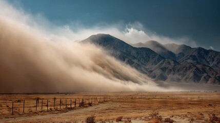 Wall Mural - dirt road amidst desert with mountains behind and clouds above