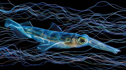 Wall Mural -   A clear photo of a close-up fish with illuminated mouth and watery backdrop
