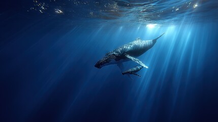 Wall Mural - humpback whale swimming underwater, sunlight illuminating water surface